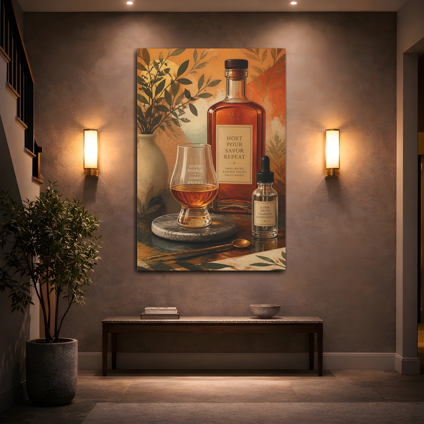 Mockup 2. Vintage Whiskey Still Life Amber Drink Decor shown as stretched canvas wall art