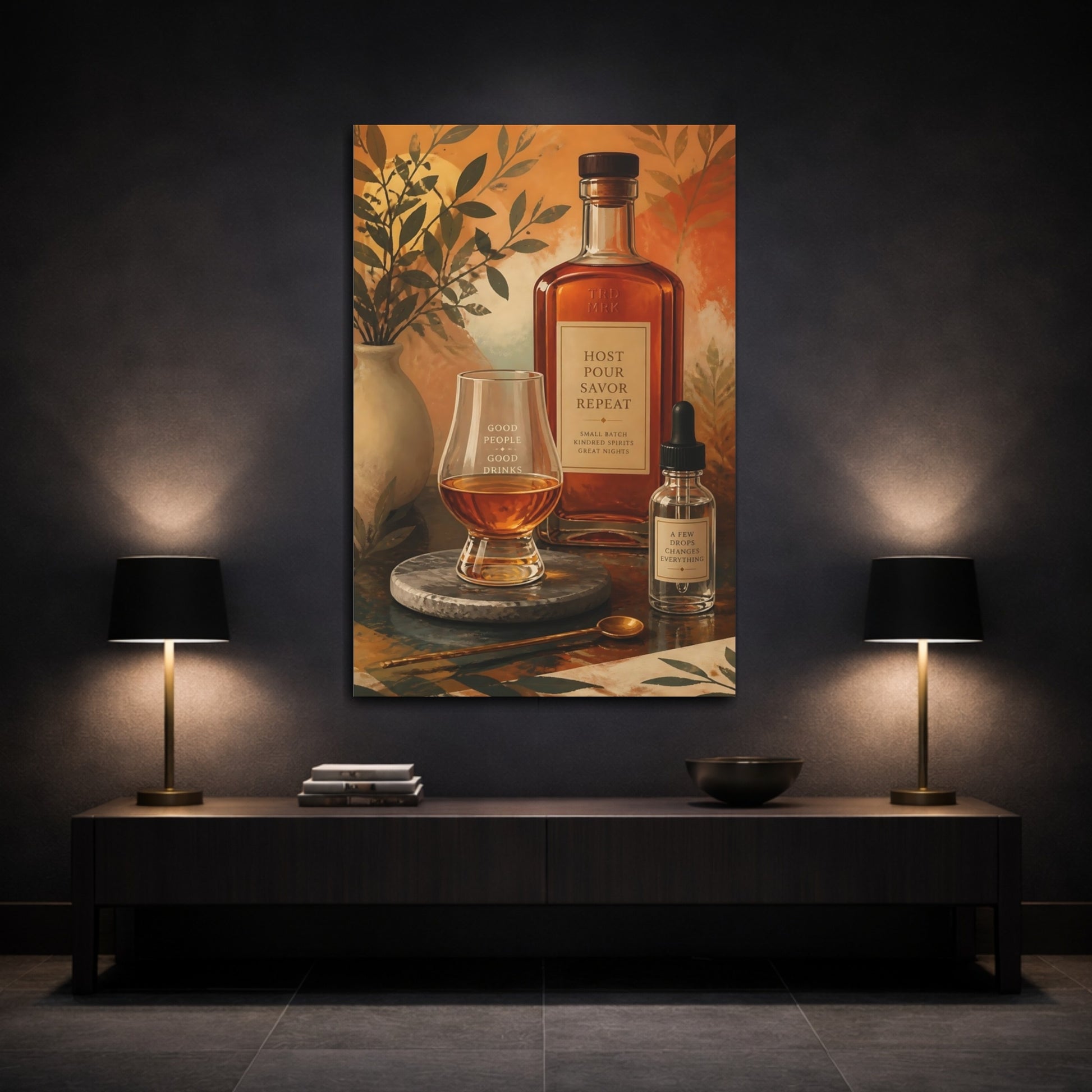 Mockup 3. Vintage Whiskey Still Life Amber Drink Decor shown as stretched canvas wall art