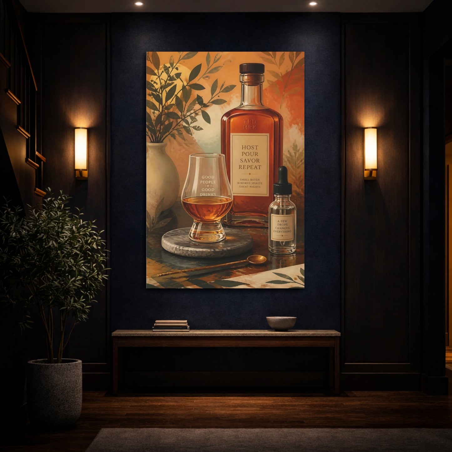 Mockup 4. Vintage Whiskey Still Life Amber Drink Decor shown as stretched canvas wall art
