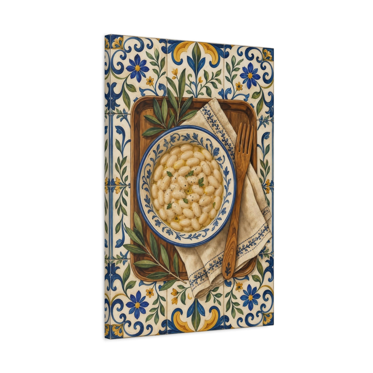 Side Mockup 2. Vintage White Beans White Beans Blue Tiles shown as stretched canvas wall art