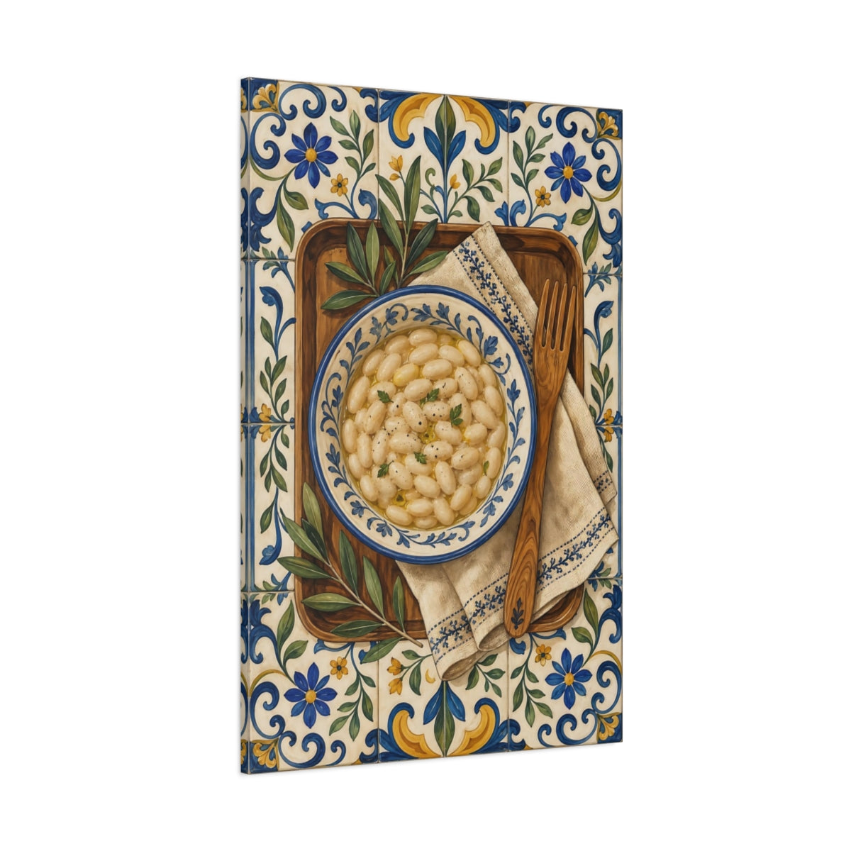 Side Mockup 1. Vintage White Beans White Beans Blue Tiles shown as stretched canvas wall art