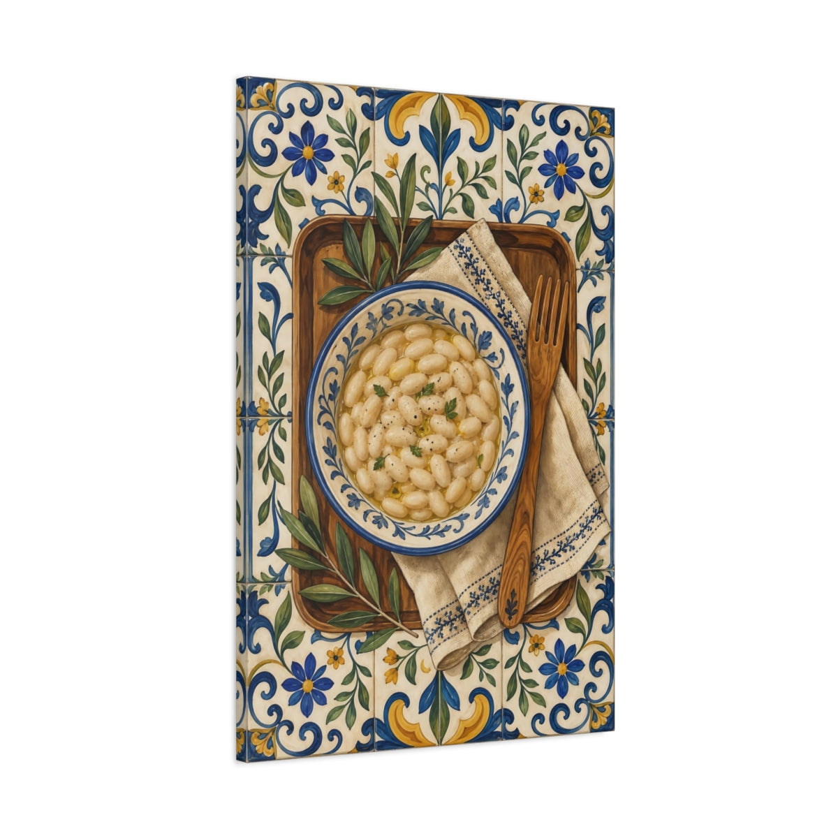 Main Mockup. Vintage White Beans White Beans Blue Tiles shown as stretched canvas wall art