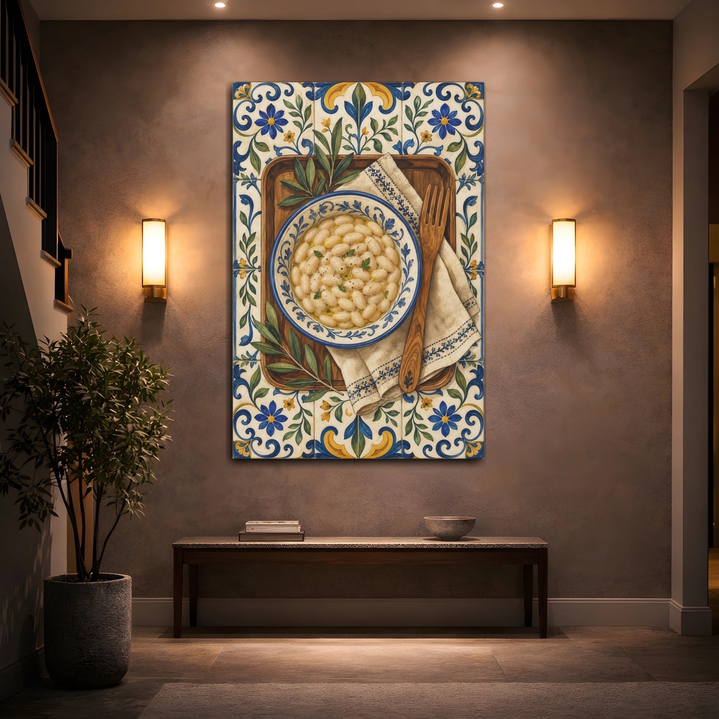 Mockup 2. Vintage White Beans White Beans Blue Tiles shown as stretched canvas wall art