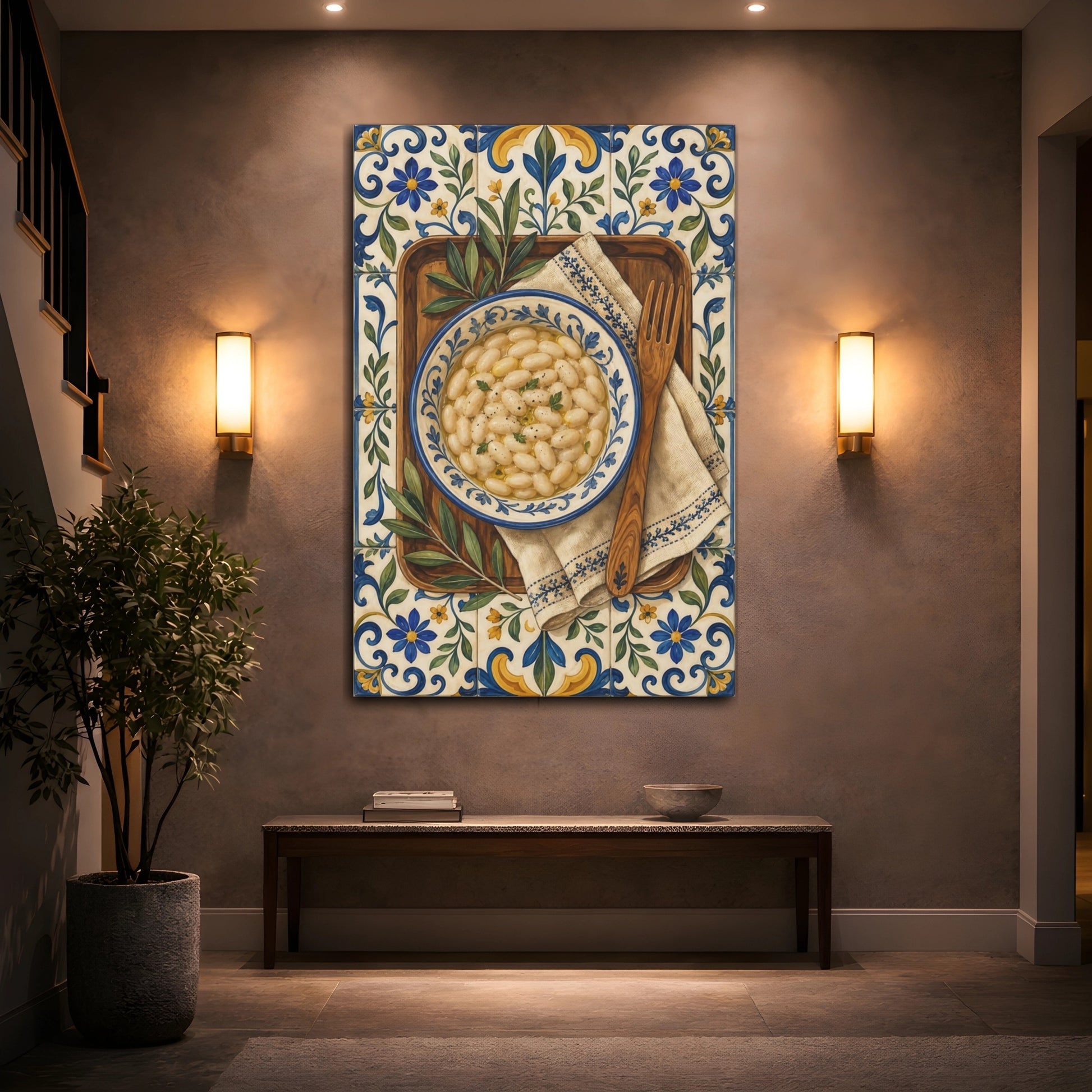 Mockup 2. Vintage White Beans White Beans Blue Tiles shown as stretched canvas wall art