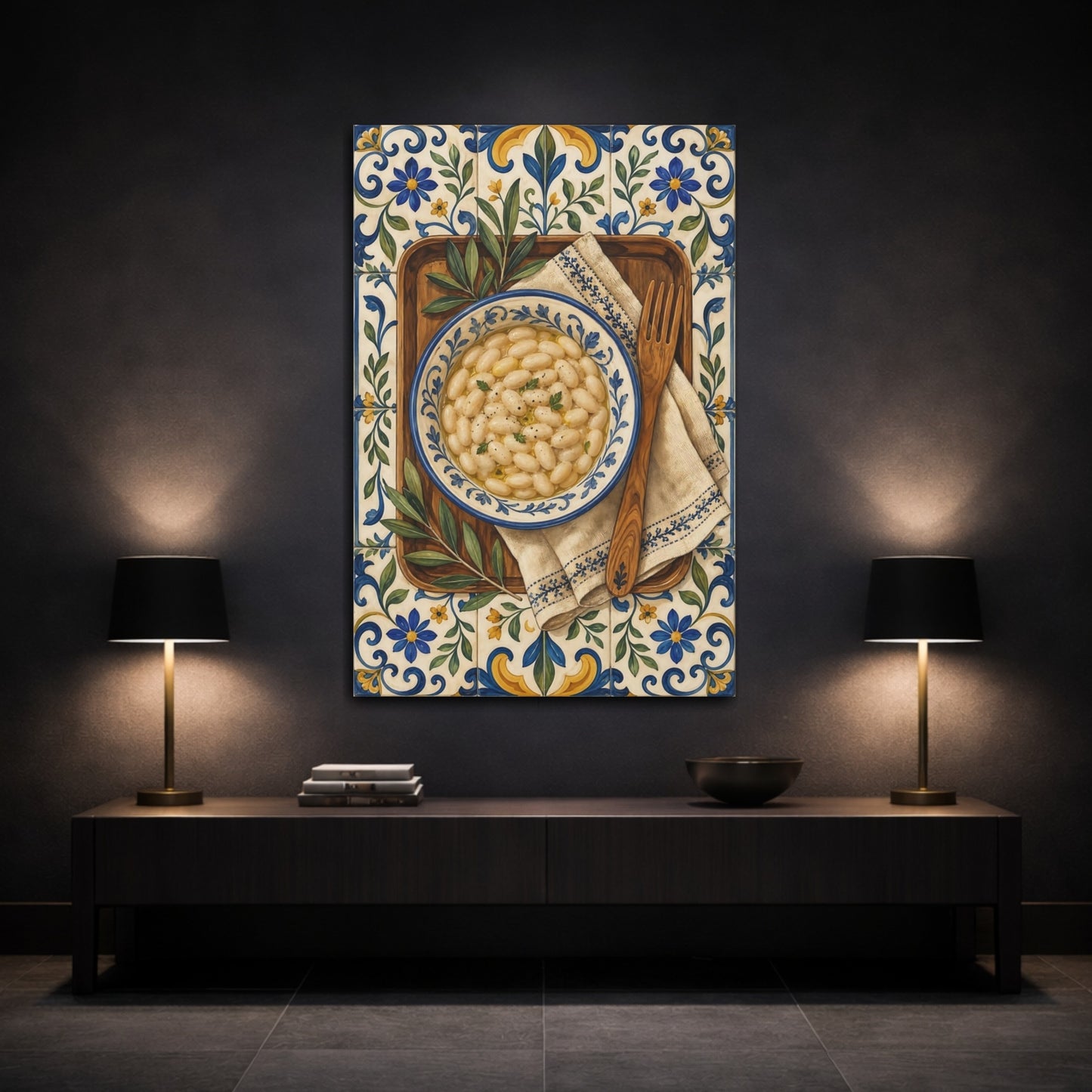 Mockup 3. Vintage White Beans White Beans Blue Tiles shown as stretched canvas wall art