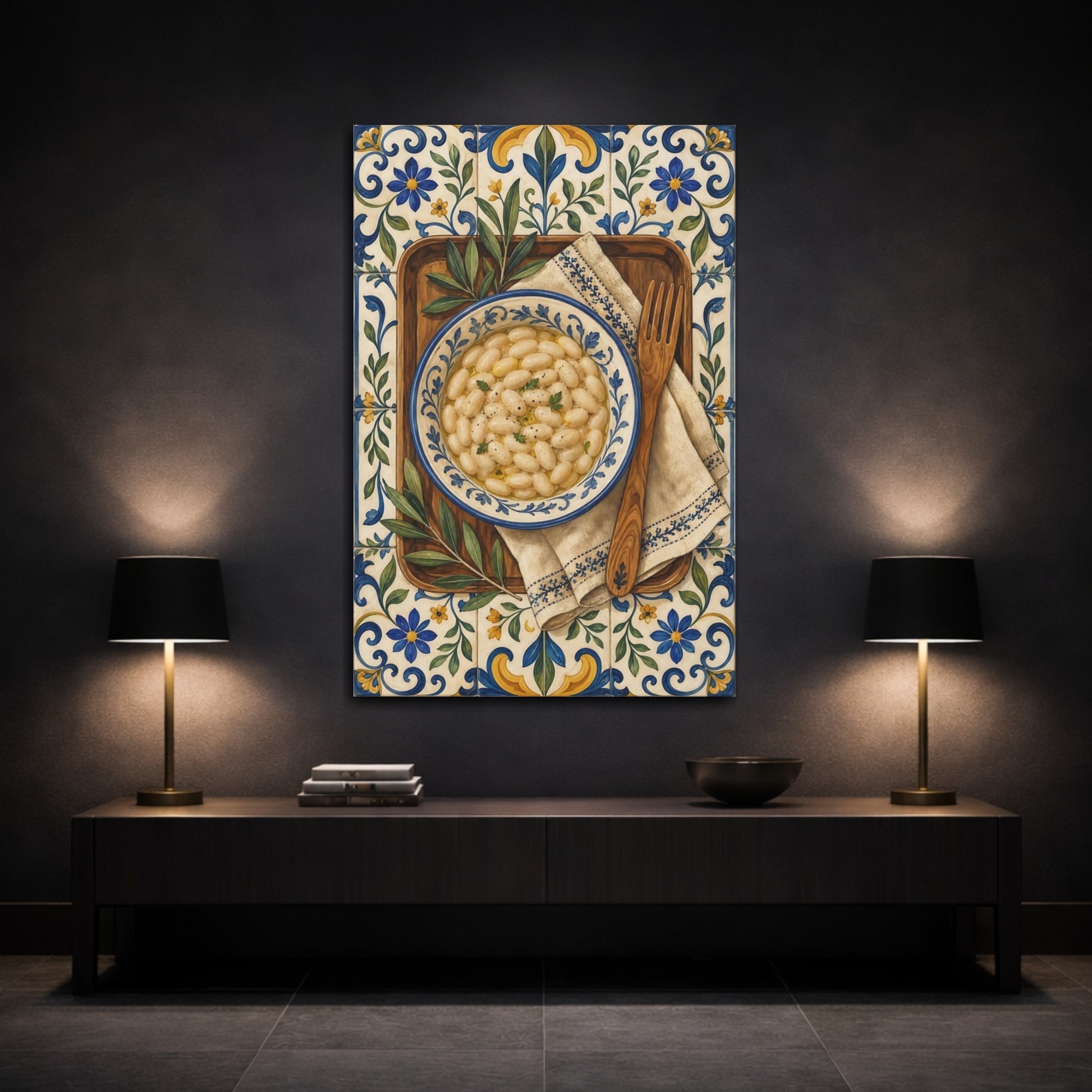 Mockup 3. Vintage White Beans White Beans Blue Tiles shown as stretched canvas wall art