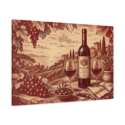 Main Mockup. Vintage Wine & Grapes Red Sepia shown as stretched canvas wall art