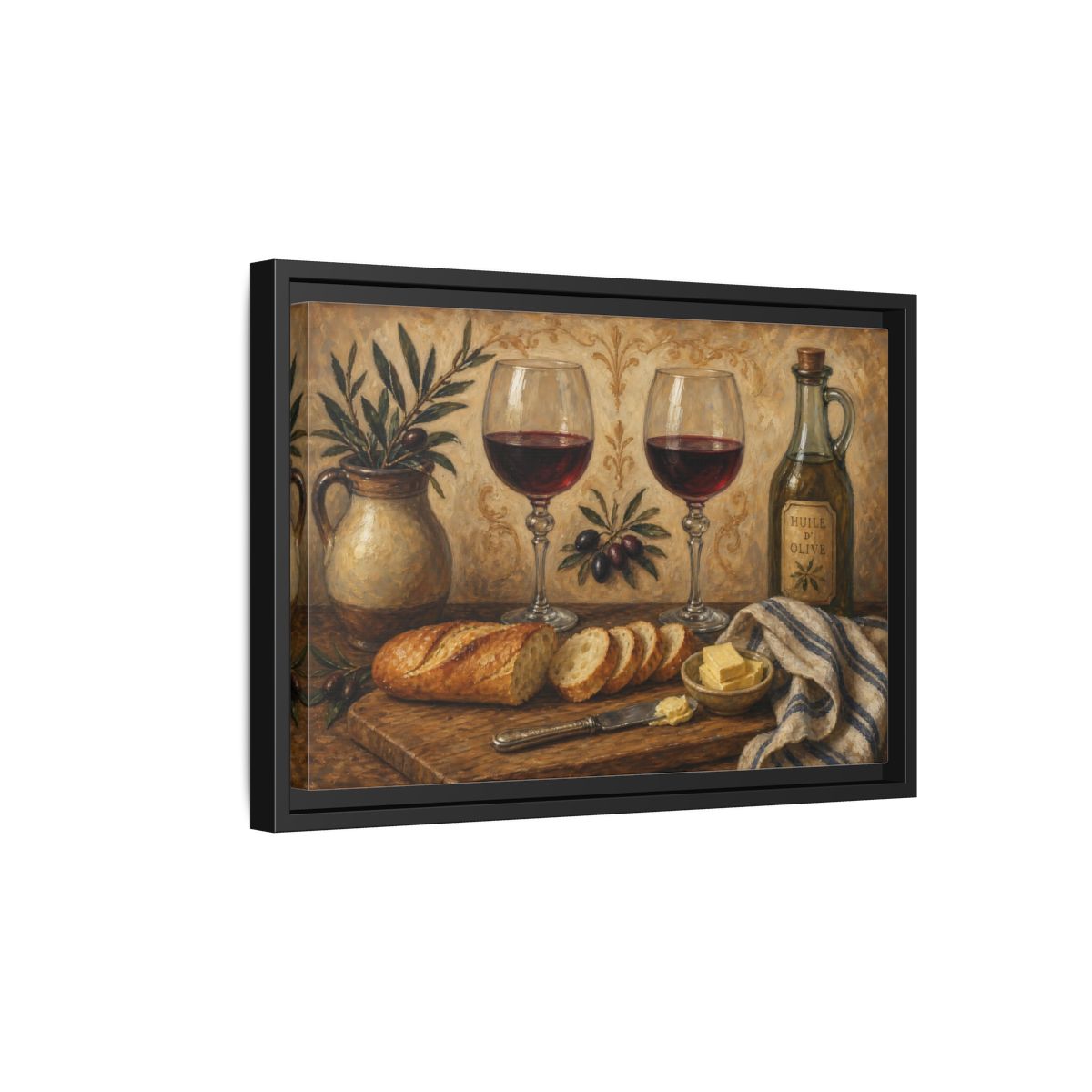 Side Mockup 6. Vintage Wine And Bread Rustic Still Life shown as stretched canvas wall art