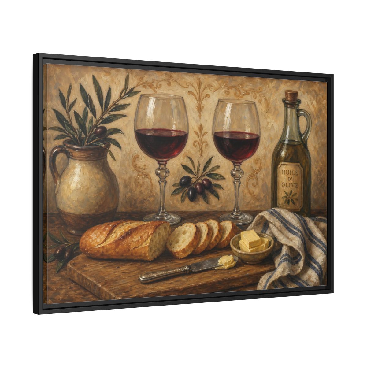 Side Mockup 13. Vintage Wine And Bread Rustic Still Life shown as stretched canvas wall art