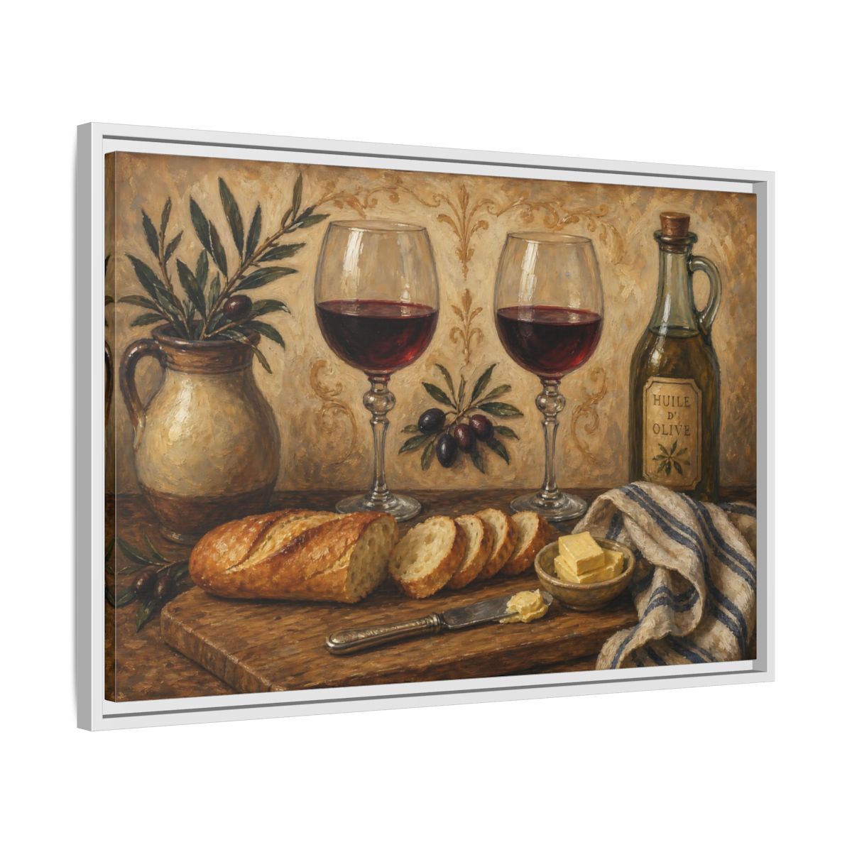 Side Mockup 10. Vintage Wine And Bread Rustic Still Life shown as stretched canvas wall art