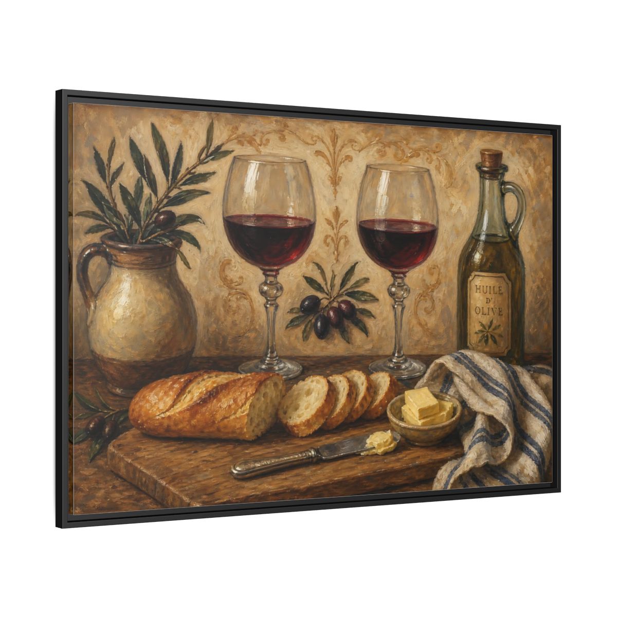 Side Mockup 12. Vintage Wine And Bread Rustic Still Life shown as stretched canvas wall art