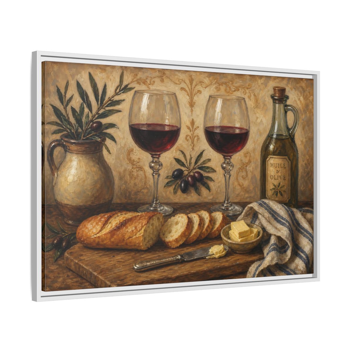 Side Mockup 9. Vintage Wine And Bread Rustic Still Life shown as stretched canvas wall art