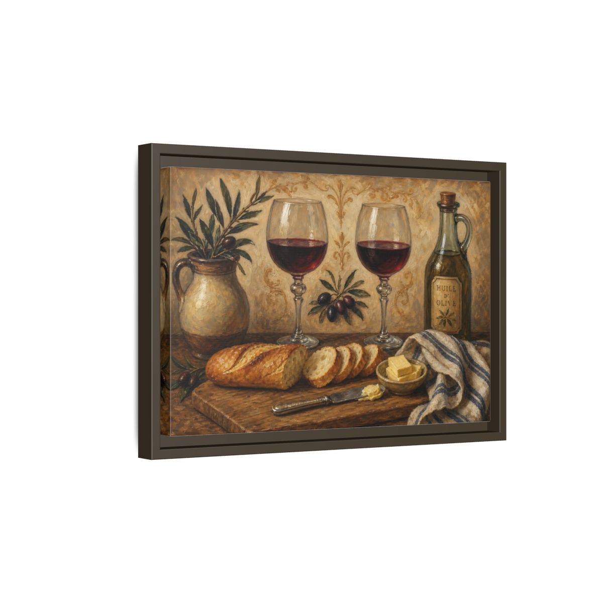 Side Mockup 5. Vintage Wine And Bread Rustic Still Life shown as stretched canvas wall art