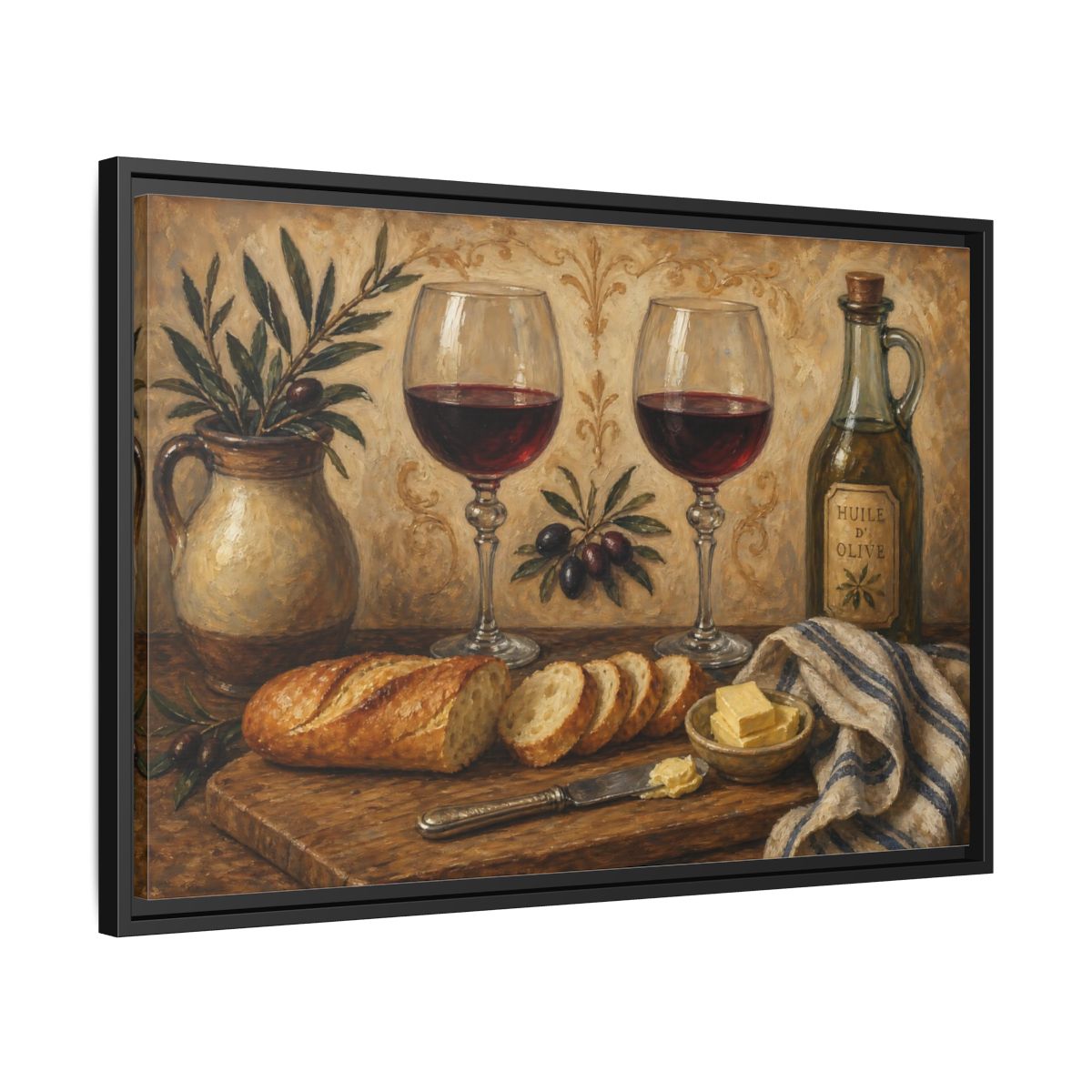 Side Mockup 14. Vintage Wine And Bread Rustic Still Life shown as stretched canvas wall art