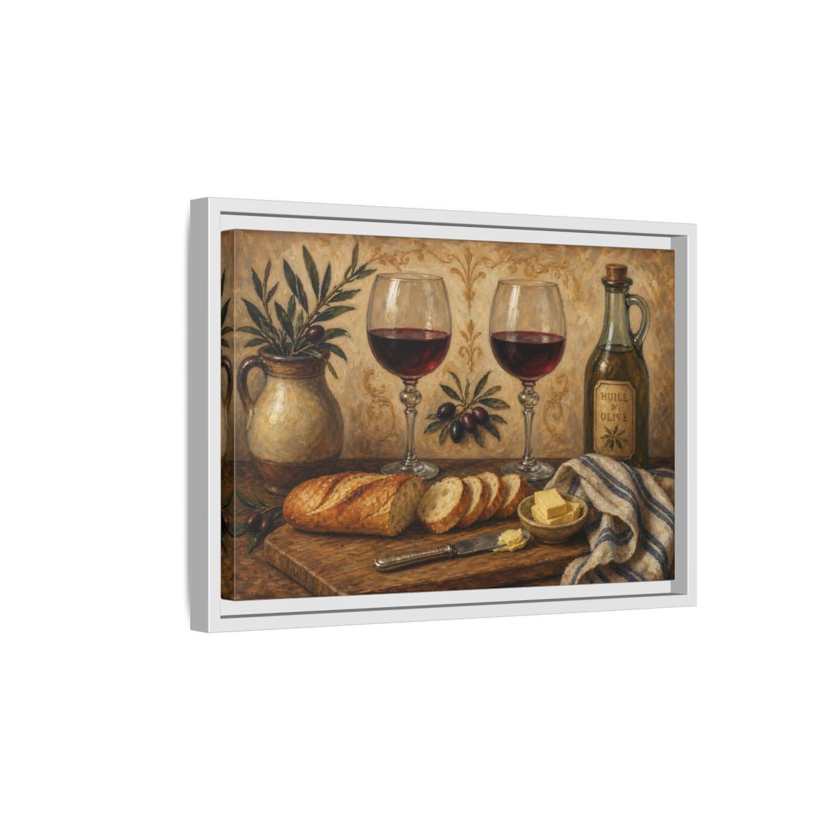 Side Mockup 4. Vintage Wine And Bread Rustic Still Life shown as stretched canvas wall art