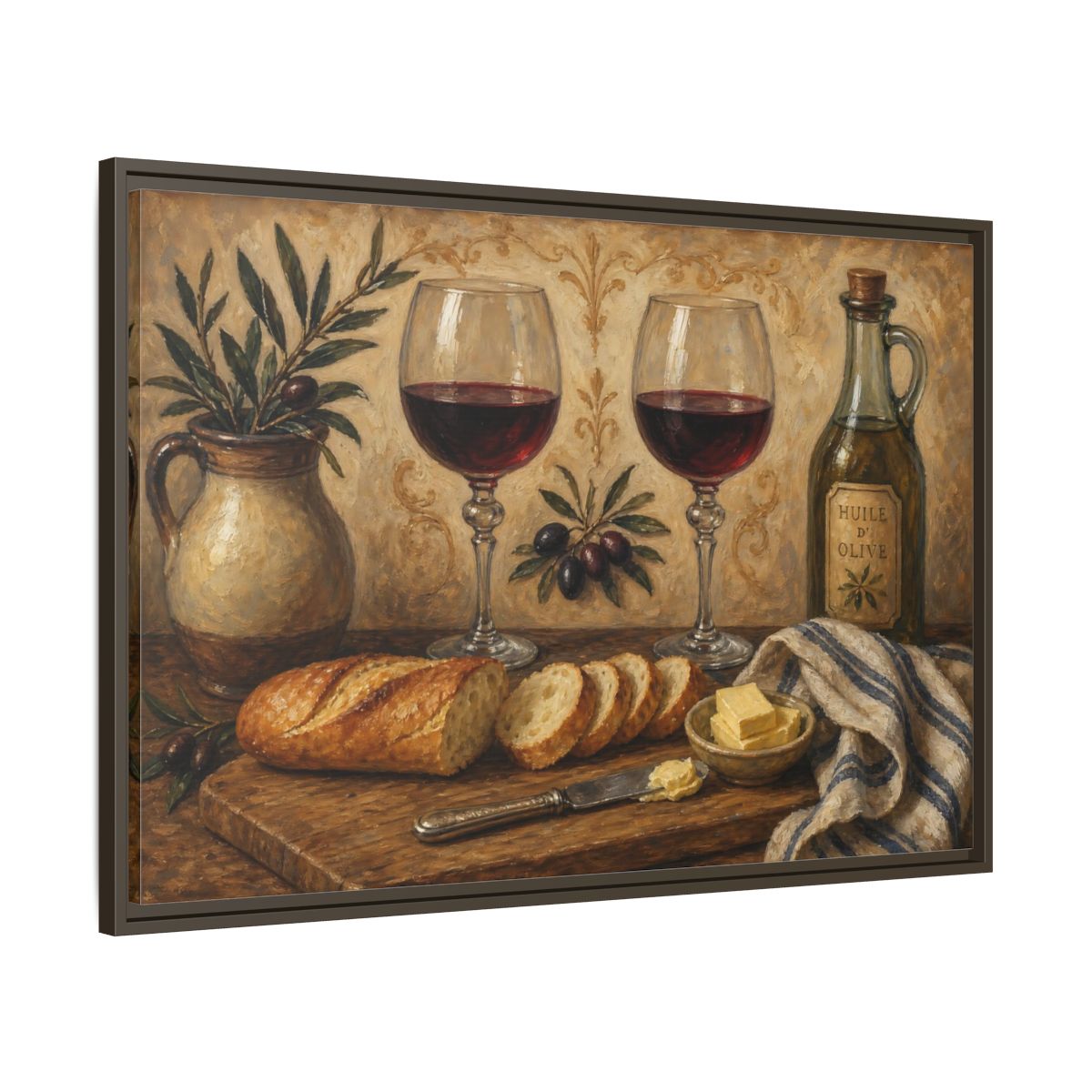 Main Mockup. Vintage Wine And Bread Rustic Still Life shown as stretched canvas wall art
