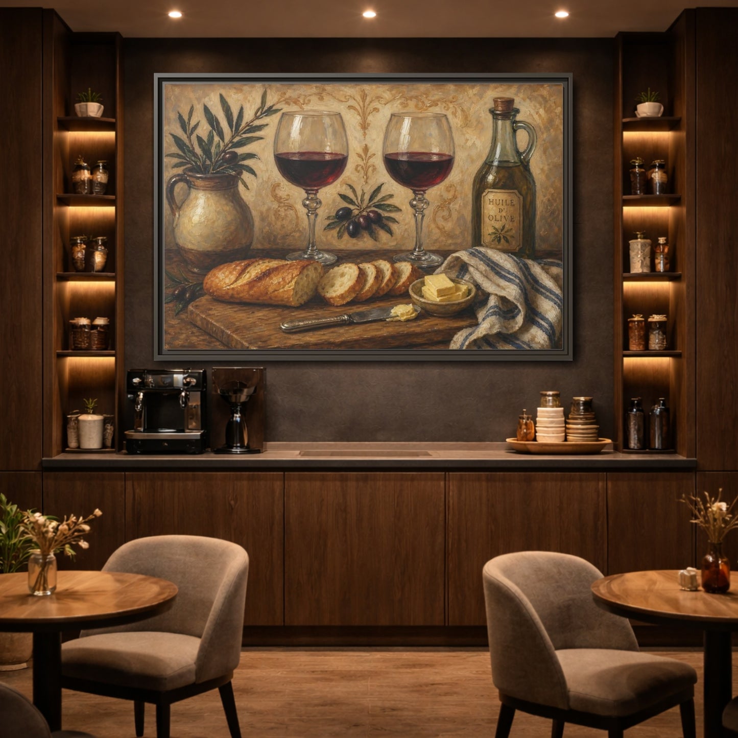 Mockup 2. Vintage Wine And Bread Rustic Still Life shown as stretched canvas wall art