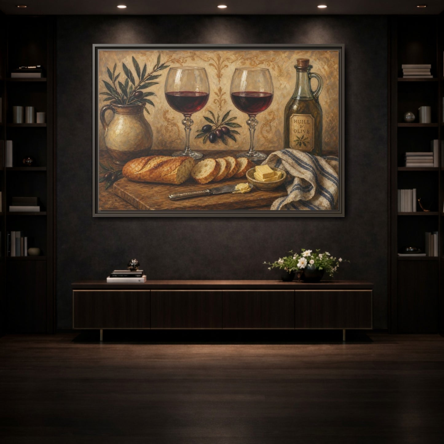 Mockup 3. Vintage Wine And Bread Rustic Still Life shown as stretched canvas wall art