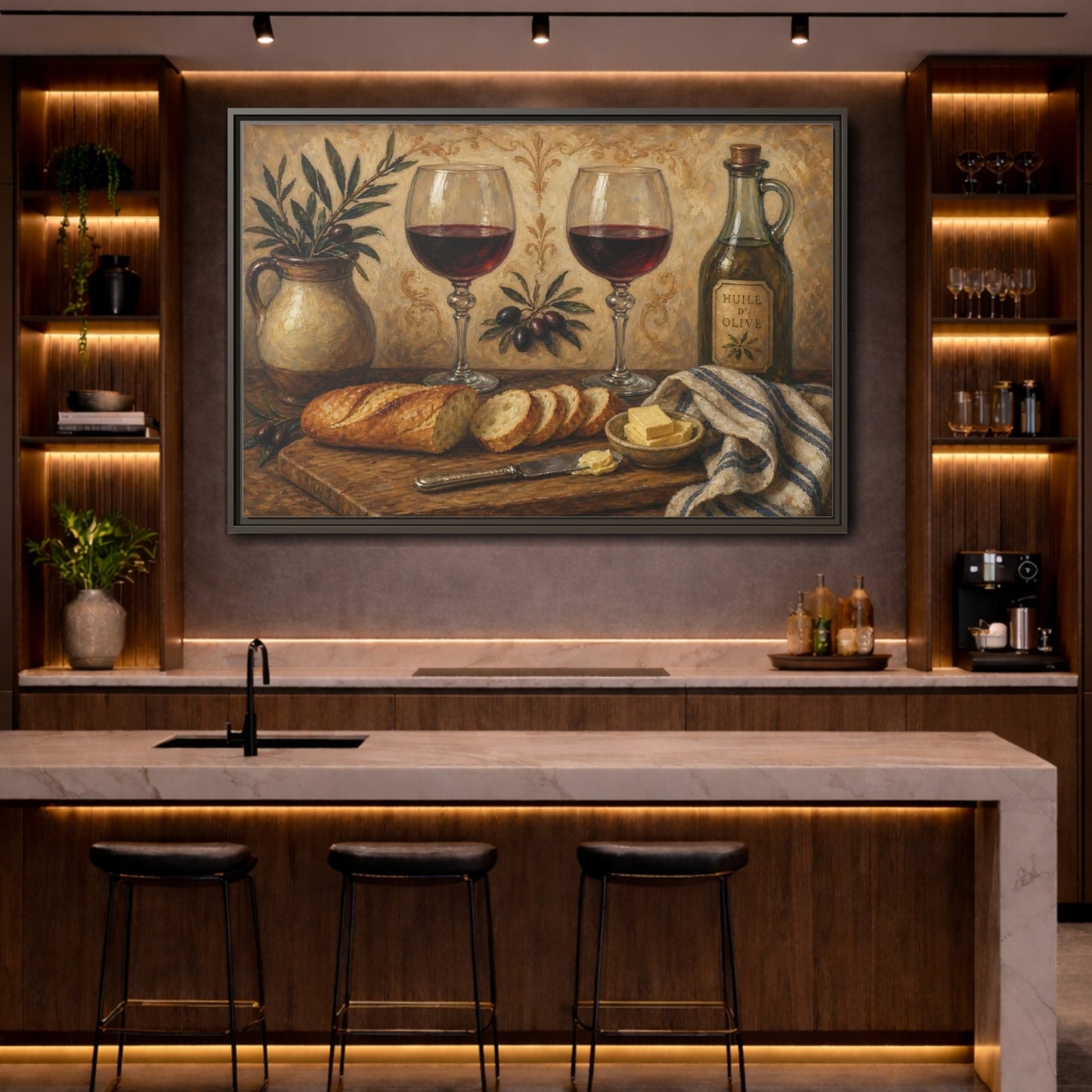 Mockup 4. Vintage Wine And Bread Rustic Still Life shown as stretched canvas wall art