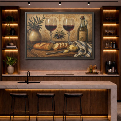 Mockup 4. Vintage Wine And Bread Rustic Still Life shown as stretched canvas wall art
