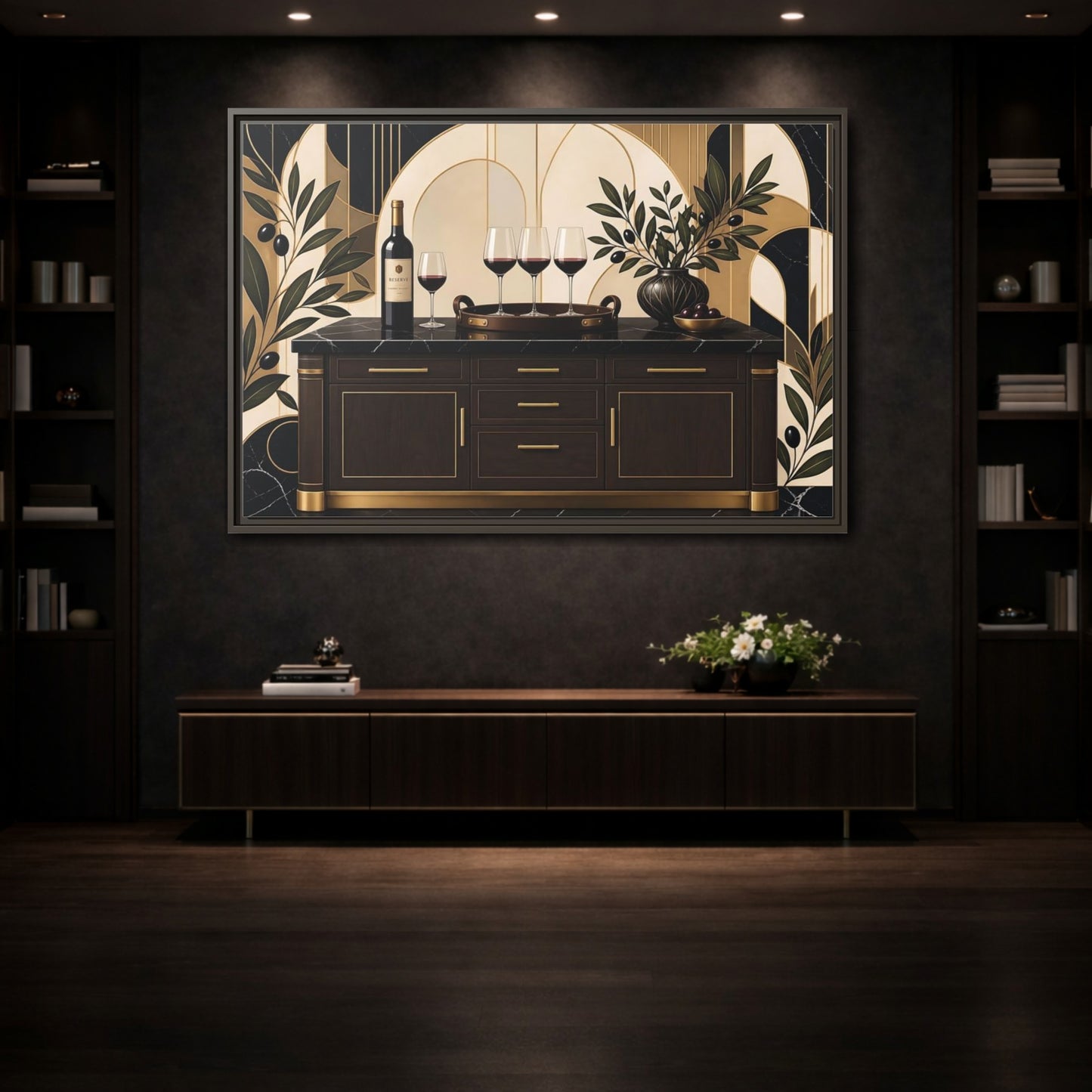 Mockup 3. Vintage Wine Brown And Gold shown as stretched canvas wall art