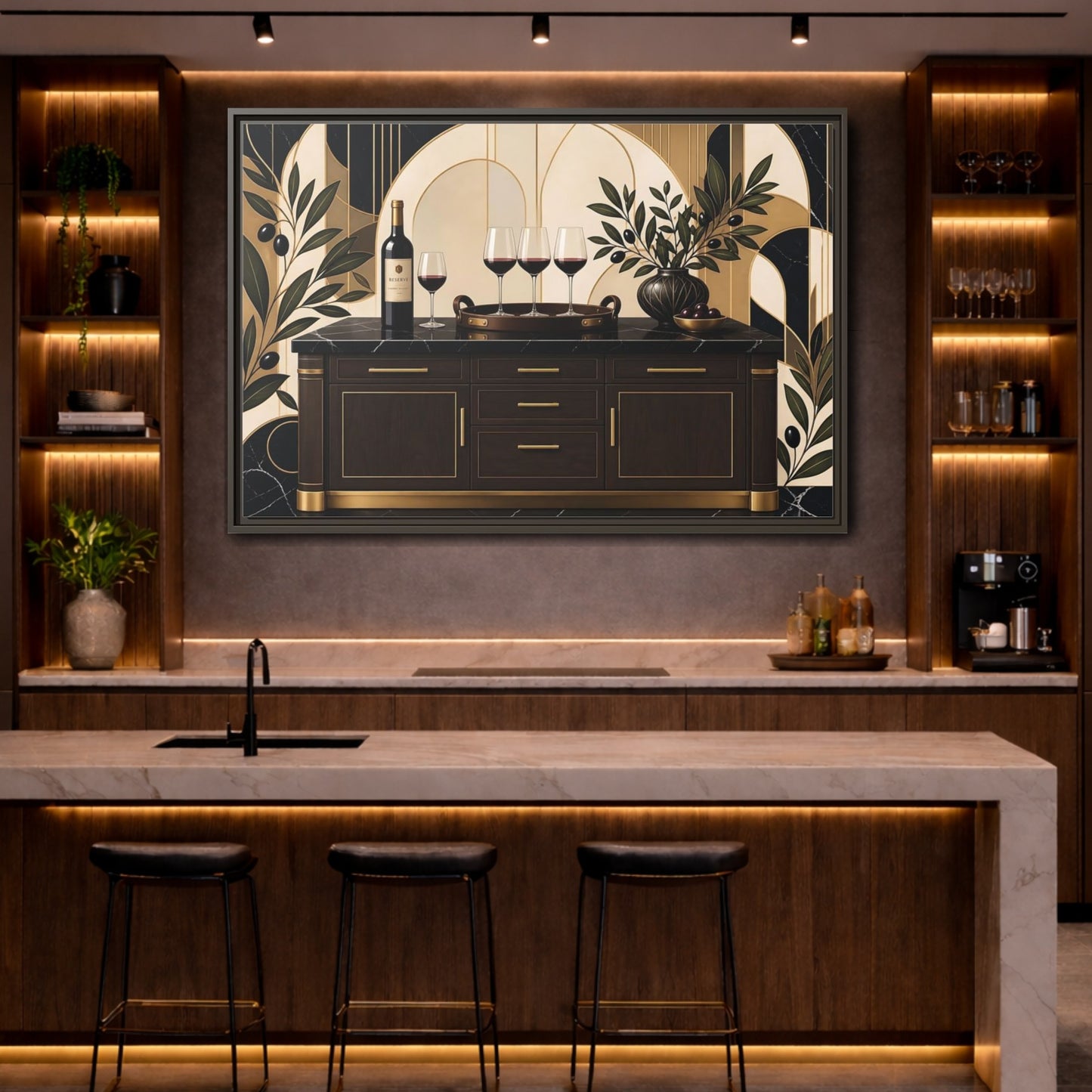 Mockup 4. Vintage Wine Brown And Gold shown as stretched canvas wall art