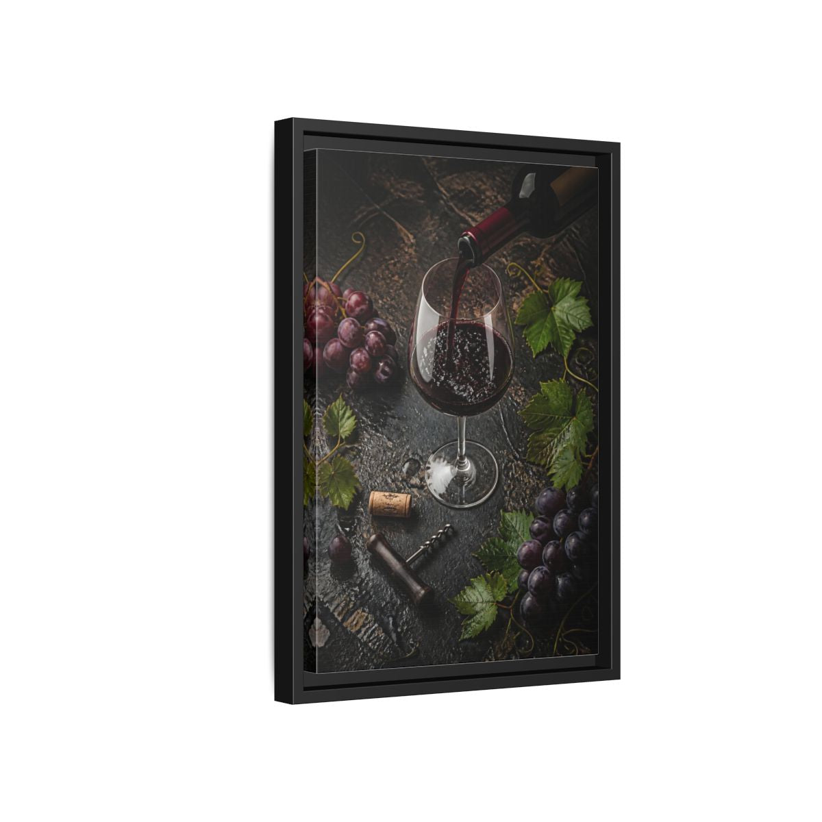 Side Mockup 6. Vintage Wine Pour Red Wine Grapes shown as stretched canvas wall art
