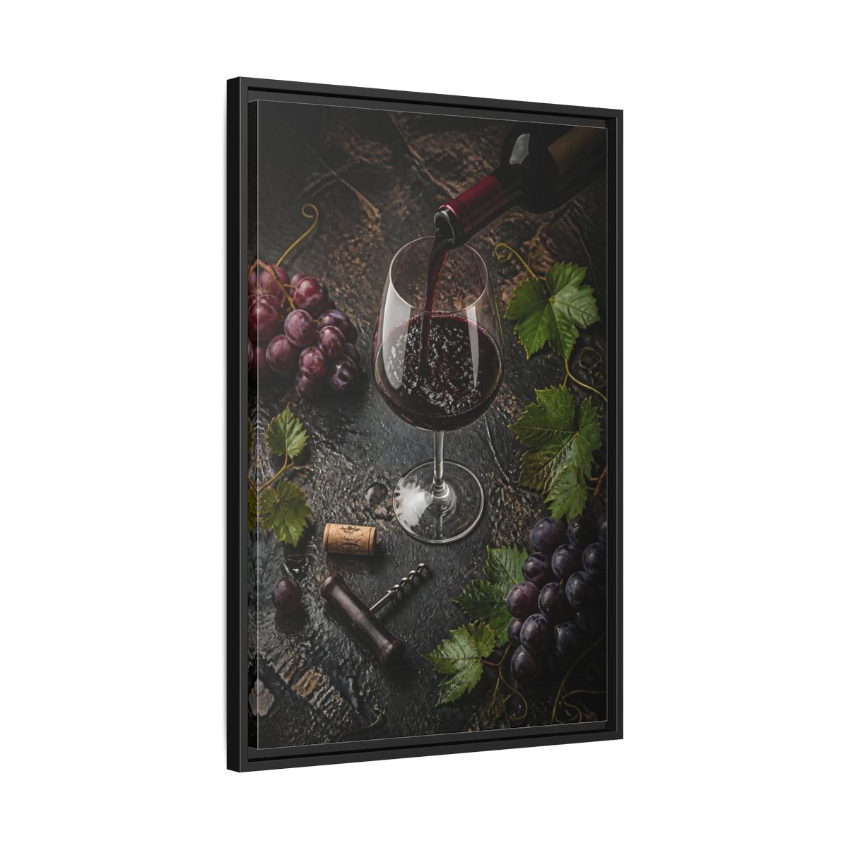 Side Mockup 14. Vintage Wine Pour Red Wine Grapes shown as stretched canvas wall art