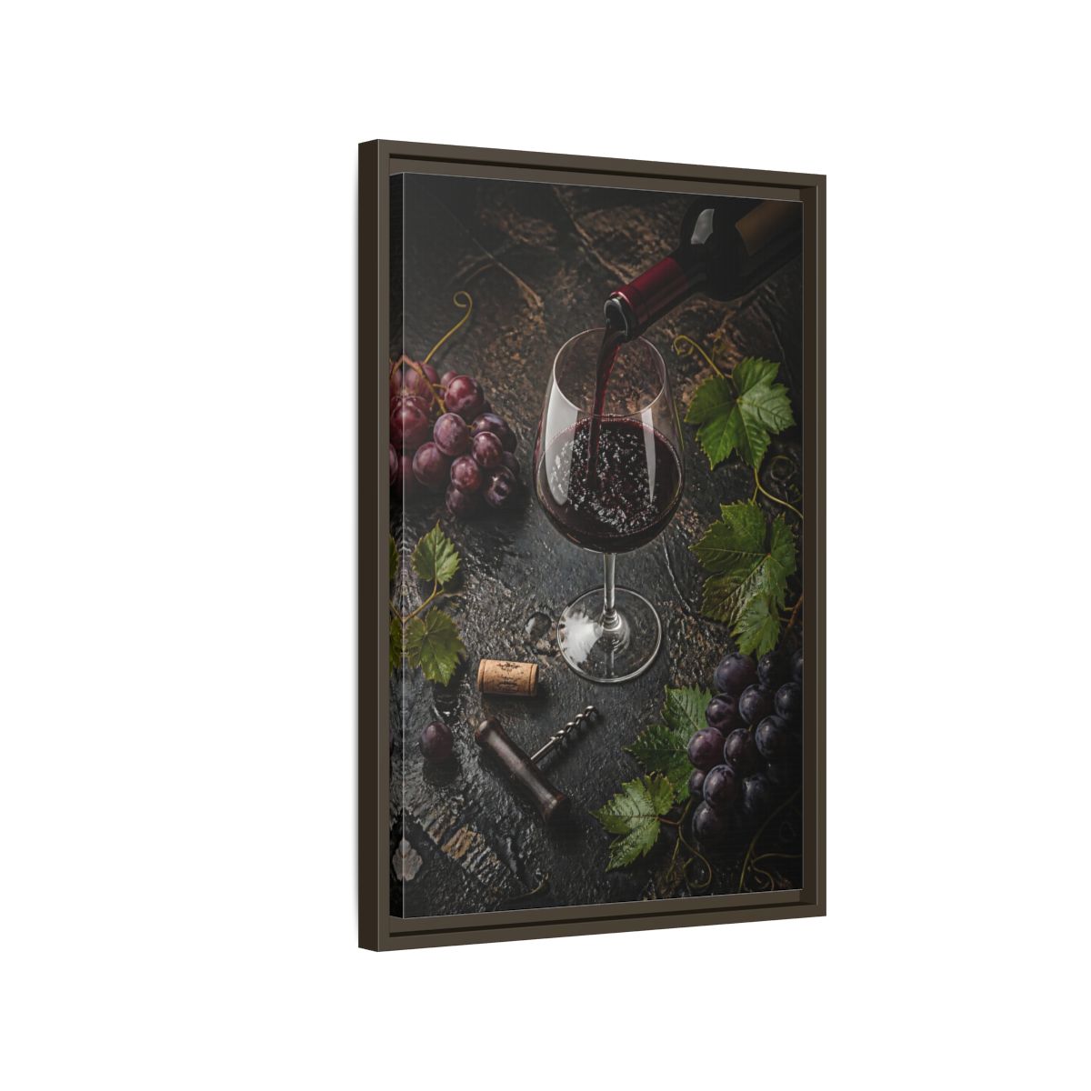 Side Mockup 2. Vintage Wine Pour Red Wine Grapes shown as stretched canvas wall art