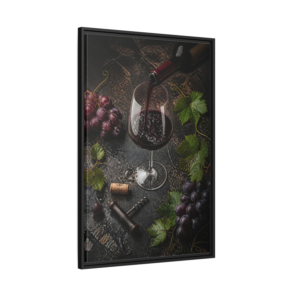 Side Mockup 13. Vintage Wine Pour Red Wine Grapes shown as stretched canvas wall art
