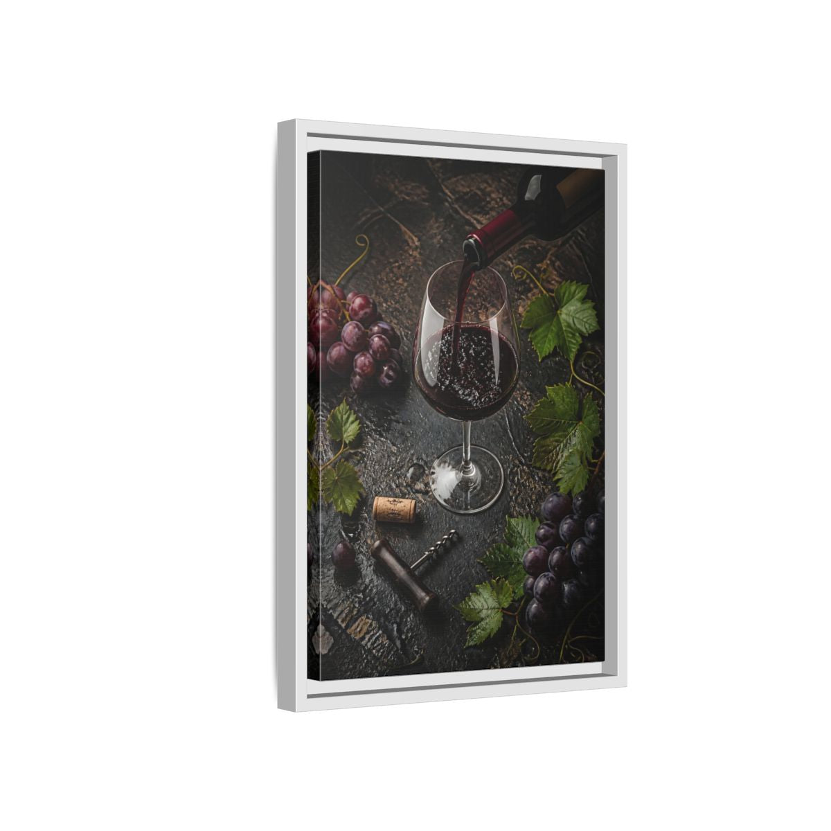 Side Mockup 4. Vintage Wine Pour Red Wine Grapes shown as stretched canvas wall art