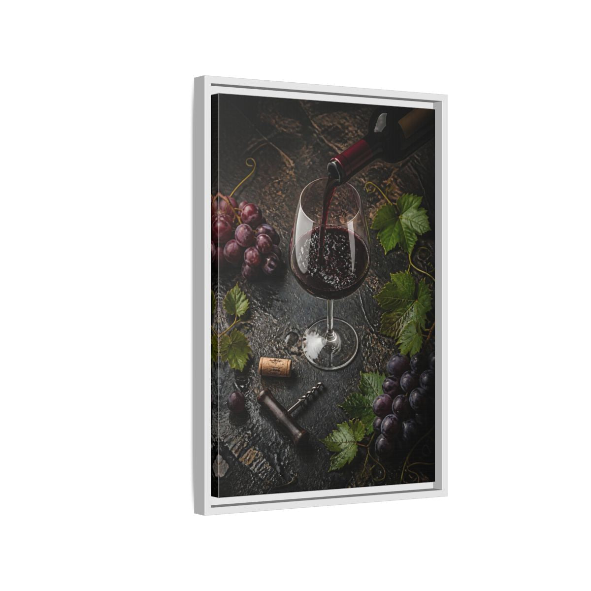 Side Mockup 1. Vintage Wine Pour Red Wine Grapes shown as stretched canvas wall art
