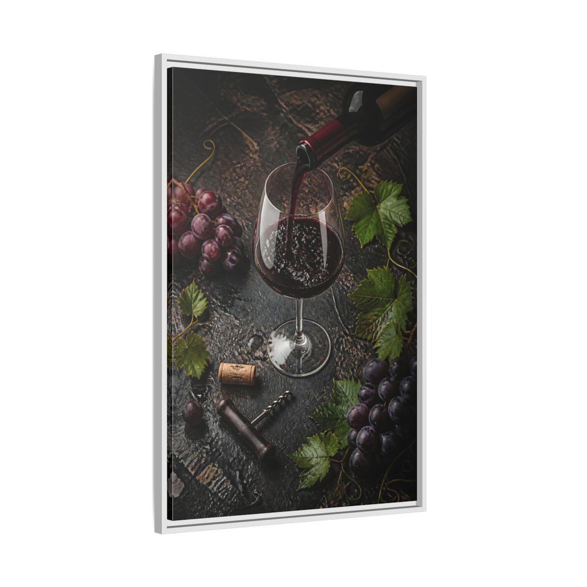 Side Mockup 9. Vintage Wine Pour Red Wine Grapes shown as stretched canvas wall art