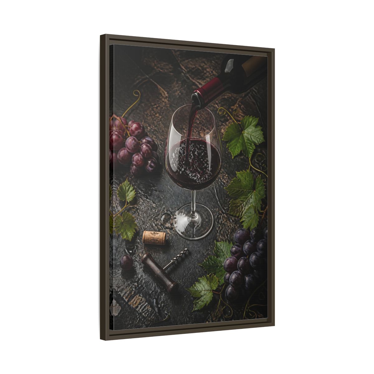 Side Mockup 11. Vintage Wine Pour Red Wine Grapes shown as stretched canvas wall art