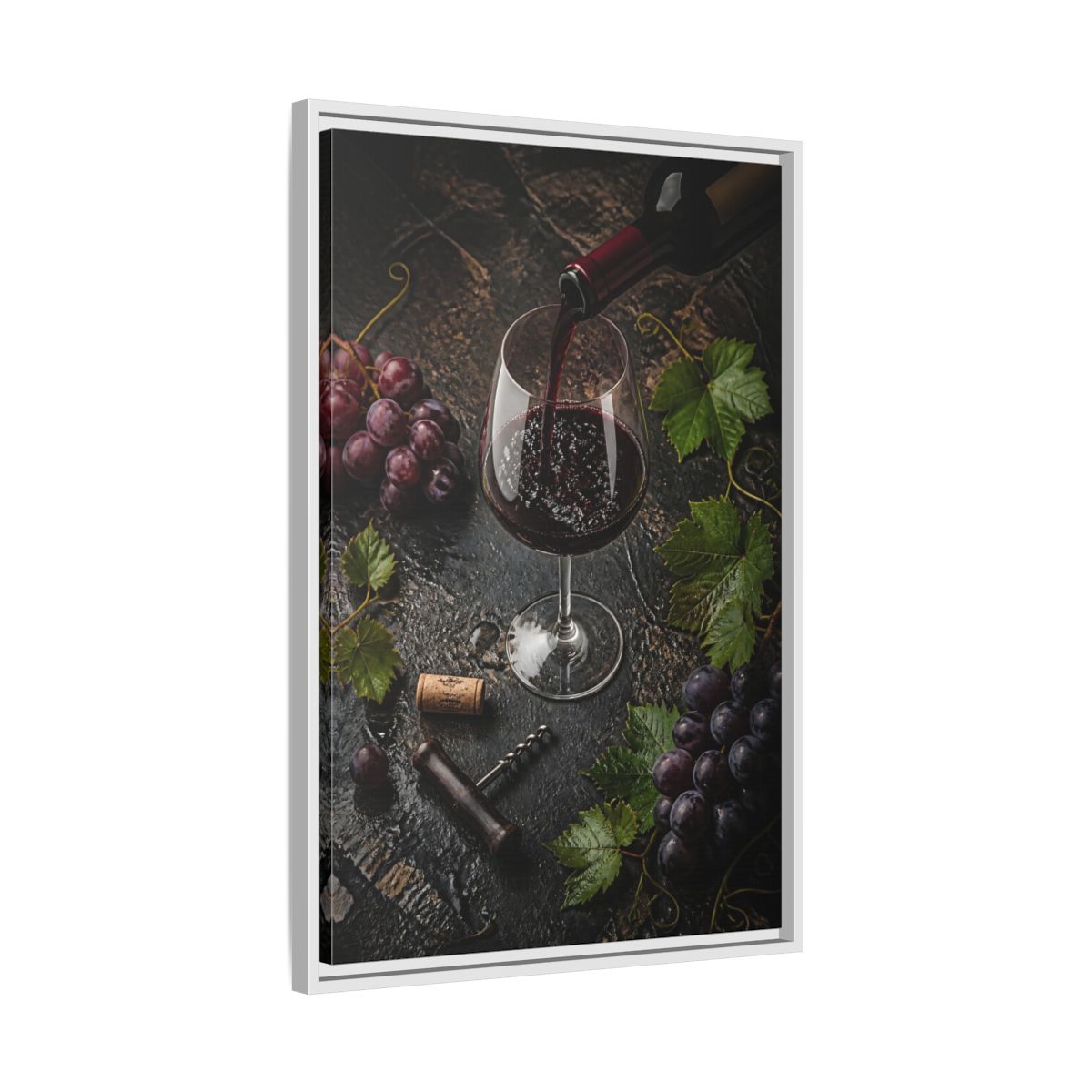 Side Mockup 10. Vintage Wine Pour Red Wine Grapes shown as stretched canvas wall art