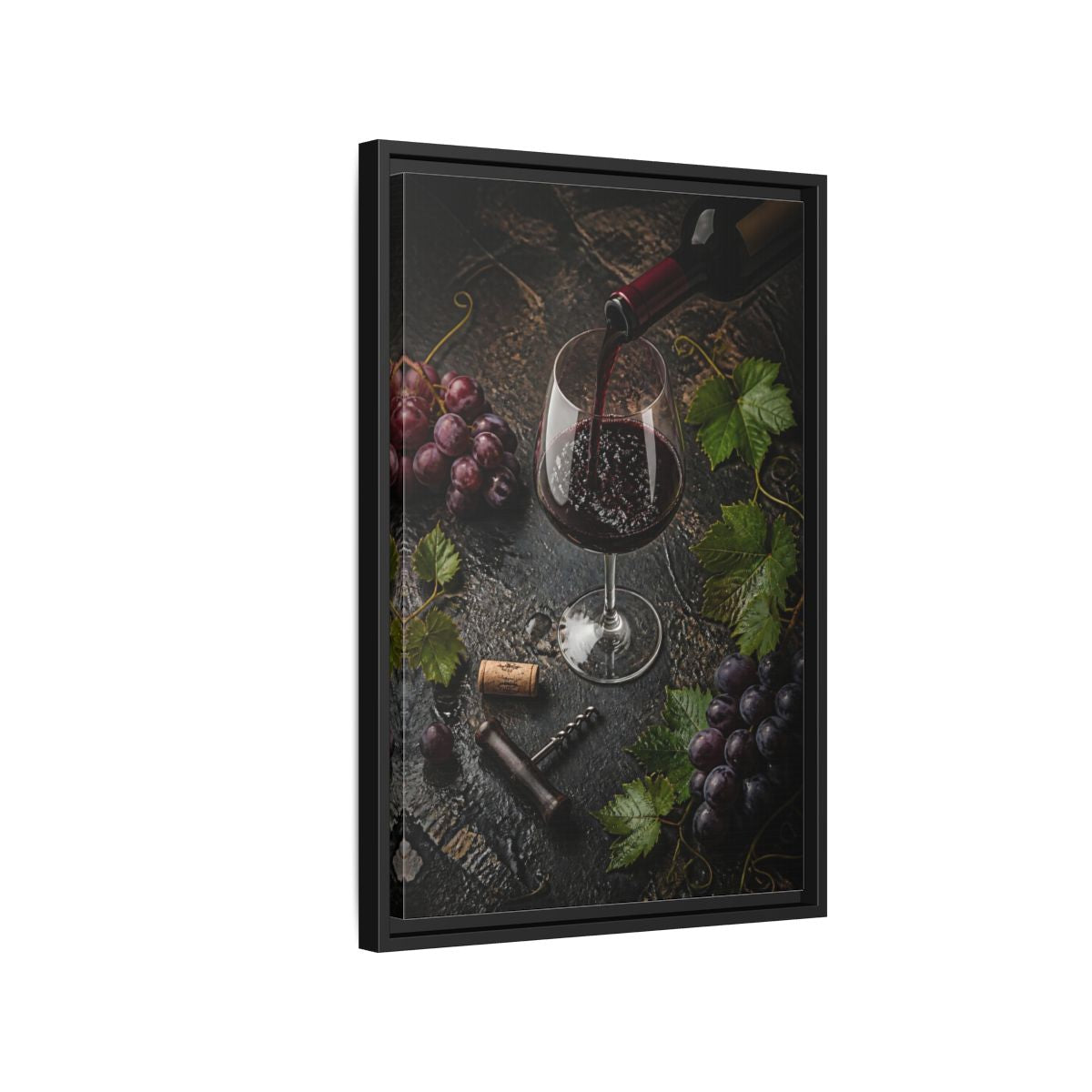 Side Mockup 3. Vintage Wine Pour Red Wine Grapes shown as stretched canvas wall art