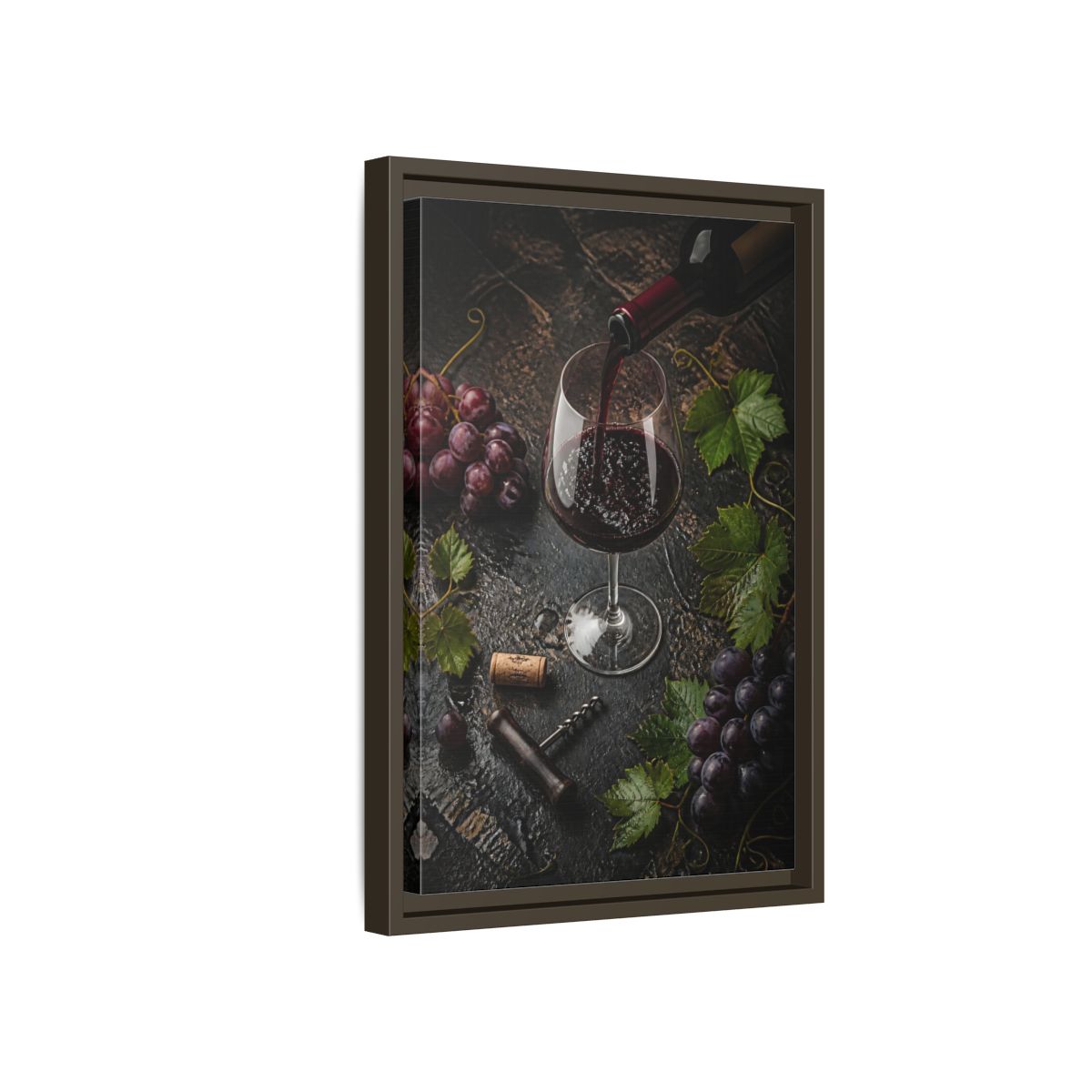 Side Mockup 5. Vintage Wine Pour Red Wine Grapes shown as stretched canvas wall art