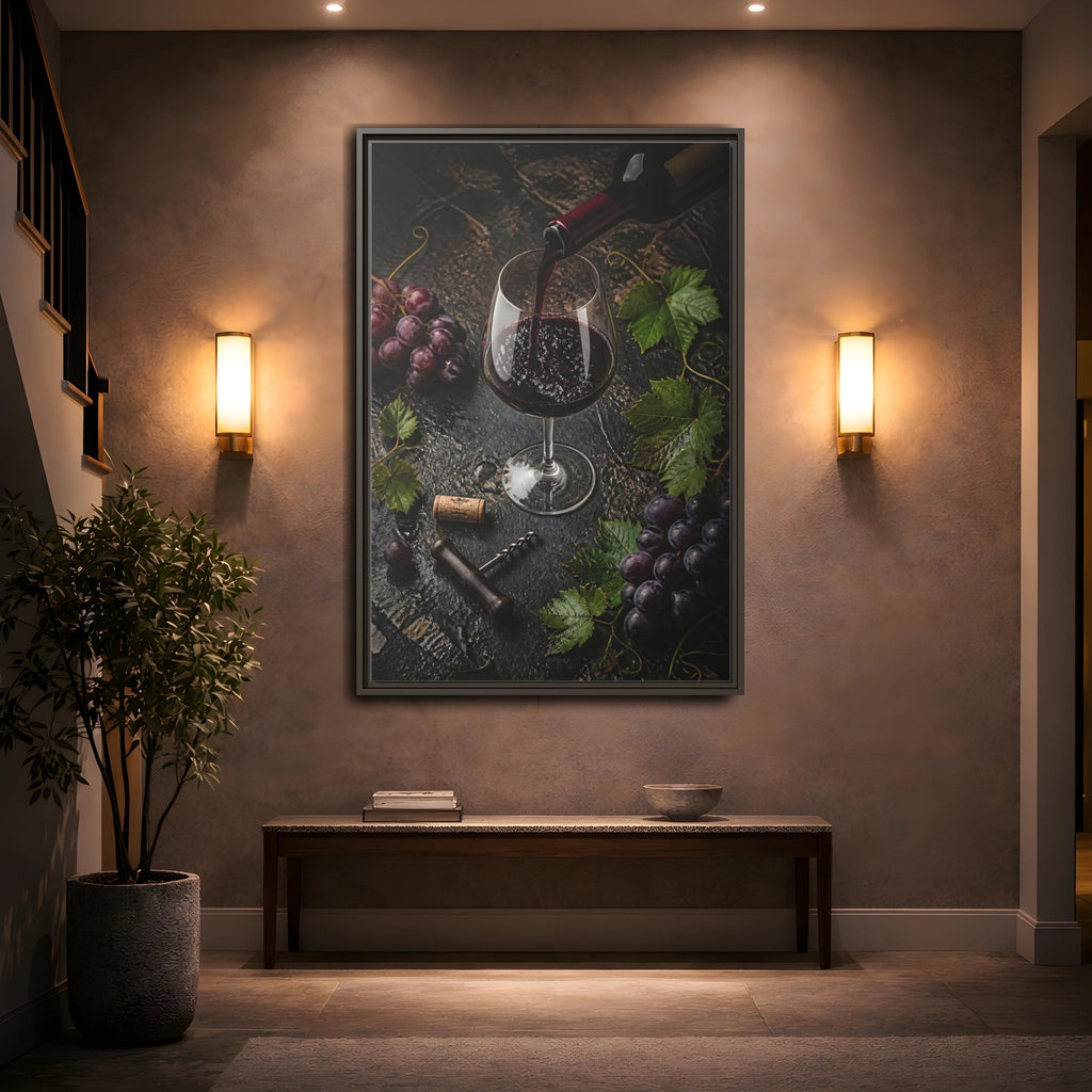 Mockup 2. Vintage Wine Pour Red Wine Grapes shown as stretched canvas wall art