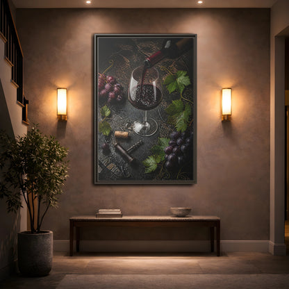 Mockup 2. Vintage Wine Pour Red Wine Grapes shown as stretched canvas wall art