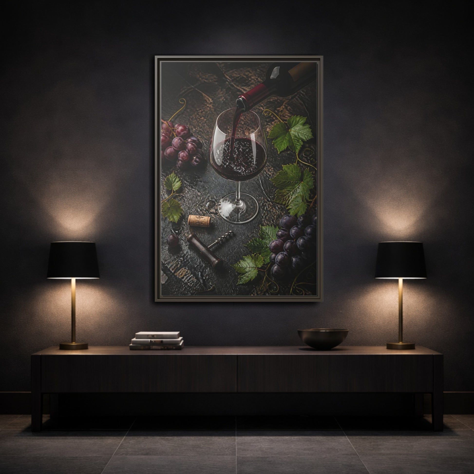 Mockup 3. Vintage Wine Pour Red Wine Grapes shown as stretched canvas wall art