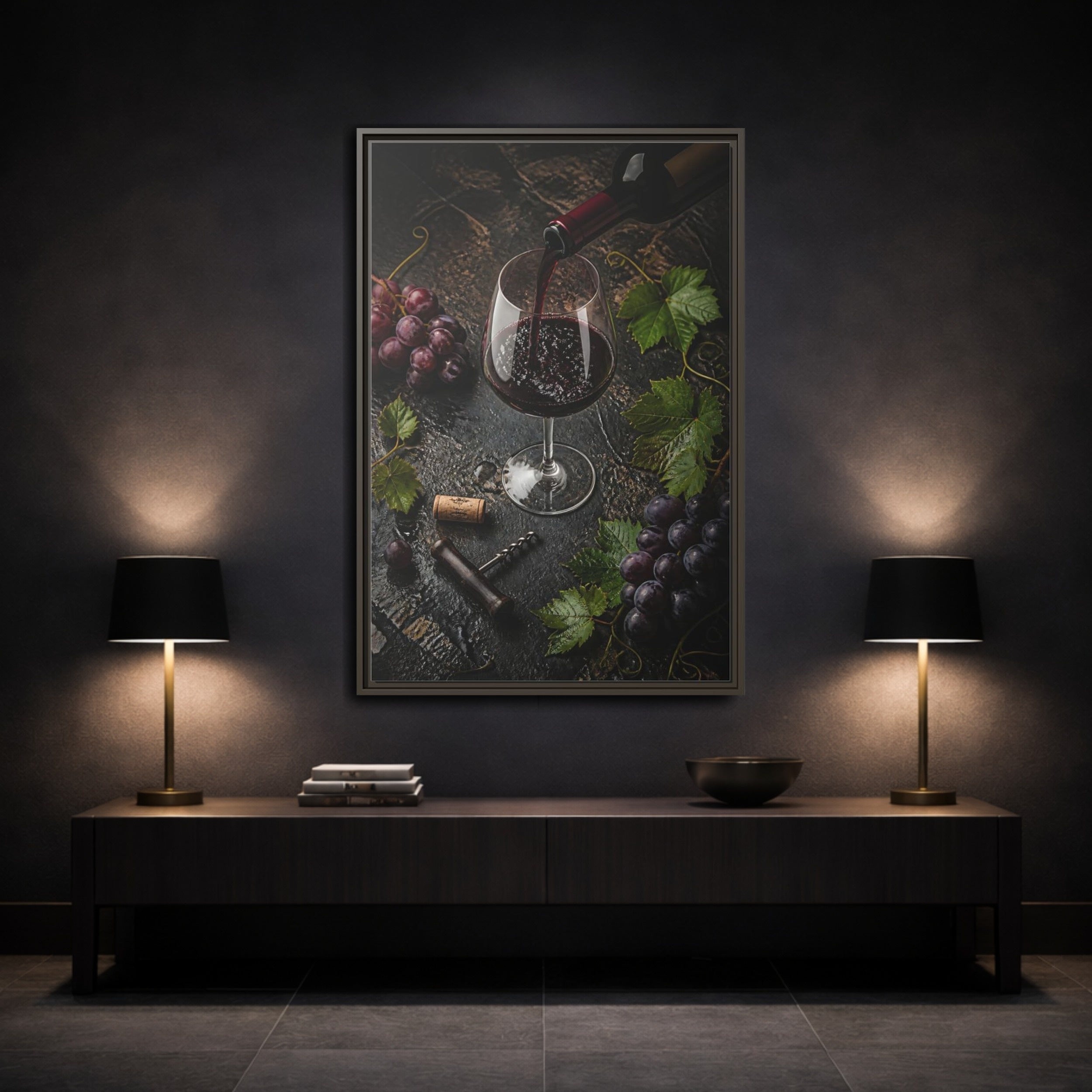 Mockup 3. Vintage Wine Pour Red Wine Grapes shown as stretched canvas wall art