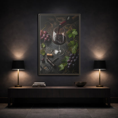Mockup 3. Vintage Wine Pour Red Wine Grapes shown as stretched canvas wall art