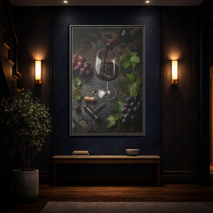 Mockup 4. Vintage Wine Pour Red Wine Grapes shown as stretched canvas wall art