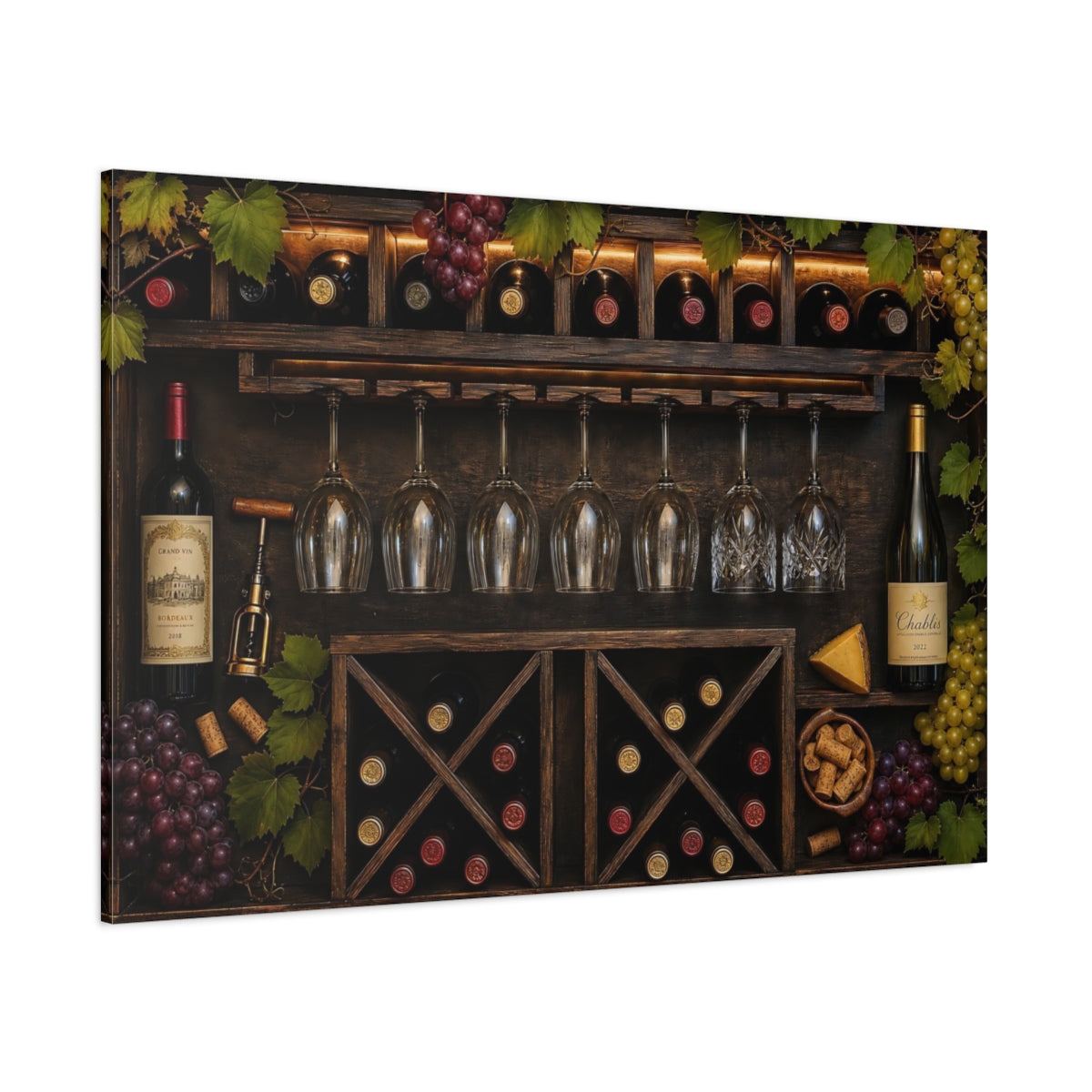 Side Mockup 1. Vintage Wine Rack Wine Cellar shown as stretched canvas wall art