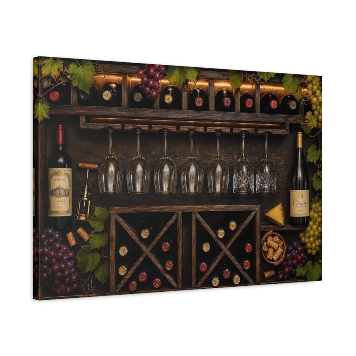Side Mockup 2. Vintage Wine Rack Wine Cellar shown as stretched canvas wall art