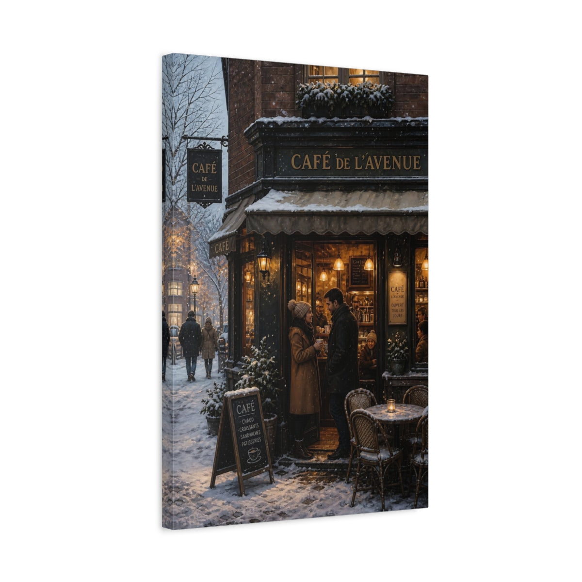 Side Mockup 3. Vintage Winter Cafe Winter Cityscape shown as stretched canvas wall art