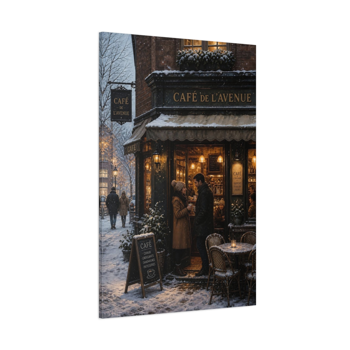 Side Mockup 1. Vintage Winter Cafe Winter Cityscape shown as stretched canvas wall art