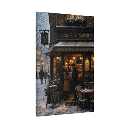Main Mockup. Vintage Winter Cafe Winter Cityscape shown as stretched canvas wall art