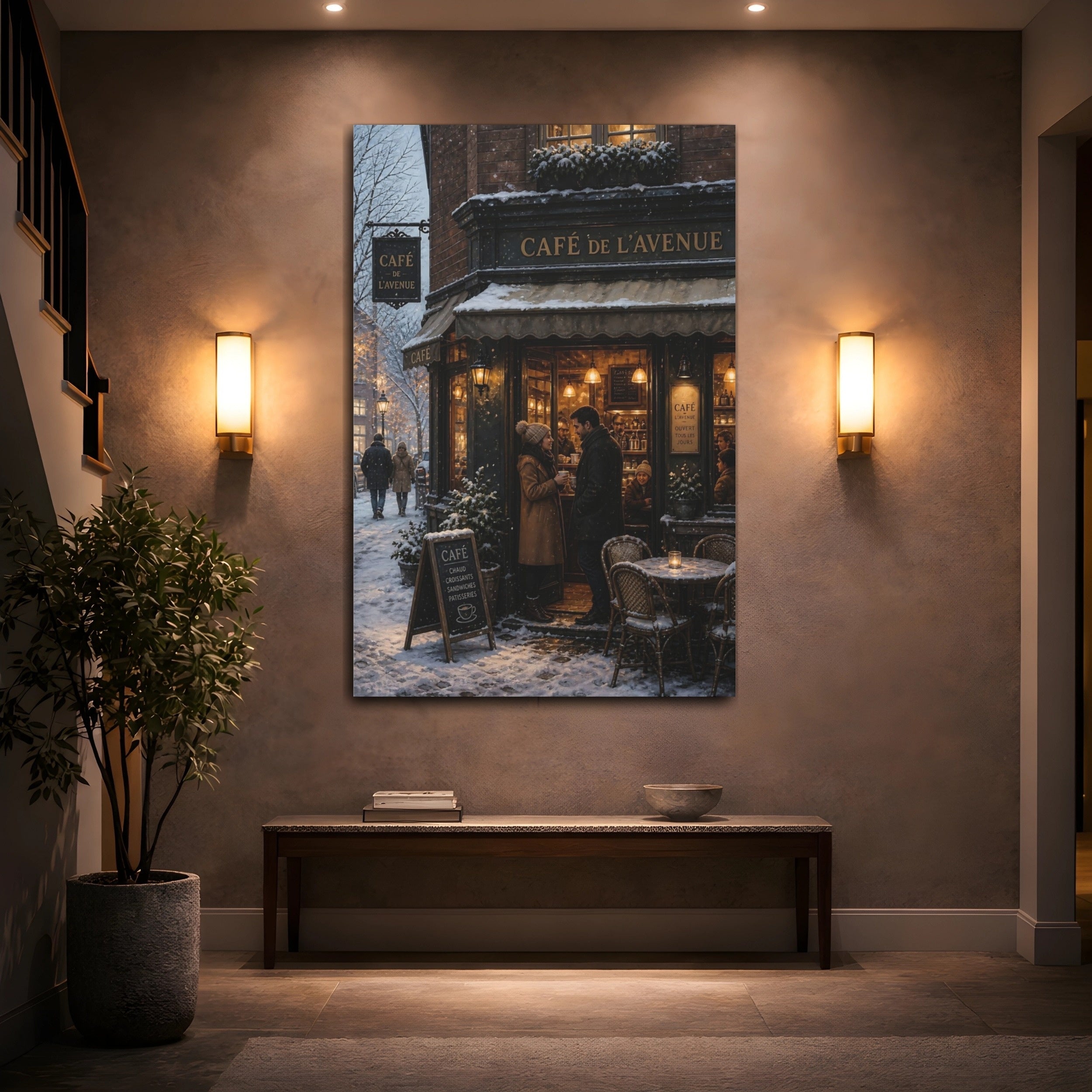 Mockup 2. Vintage Winter Cafe Winter Cityscape shown as stretched canvas wall art