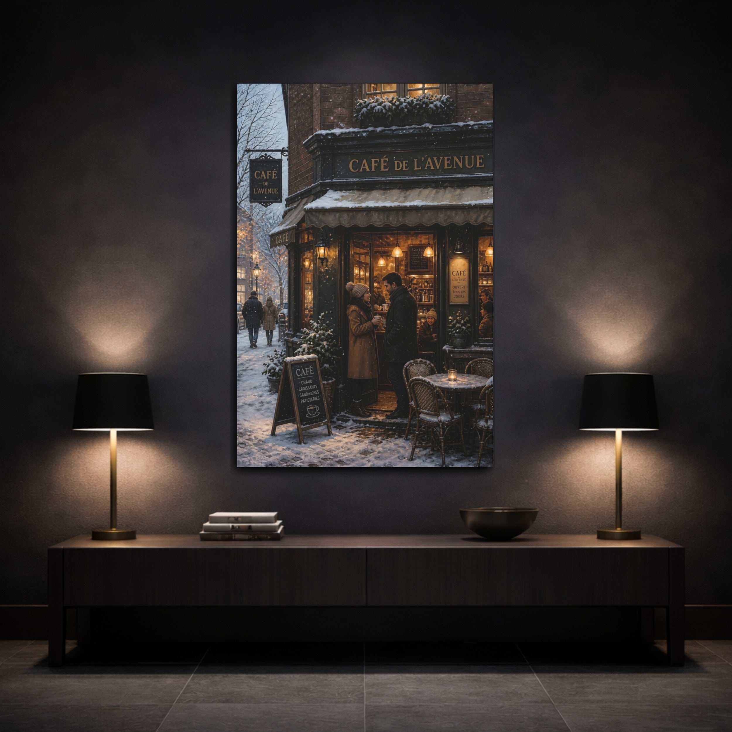 Mockup 3. Vintage Winter Cafe Winter Cityscape shown as stretched canvas wall art